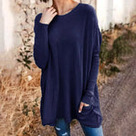 Round Neck Long Sleeve Loose Pocket Solid T-Shirt