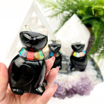 Black Onyx Crystal Cat with Shell and Gemstone Inlays - You Choose