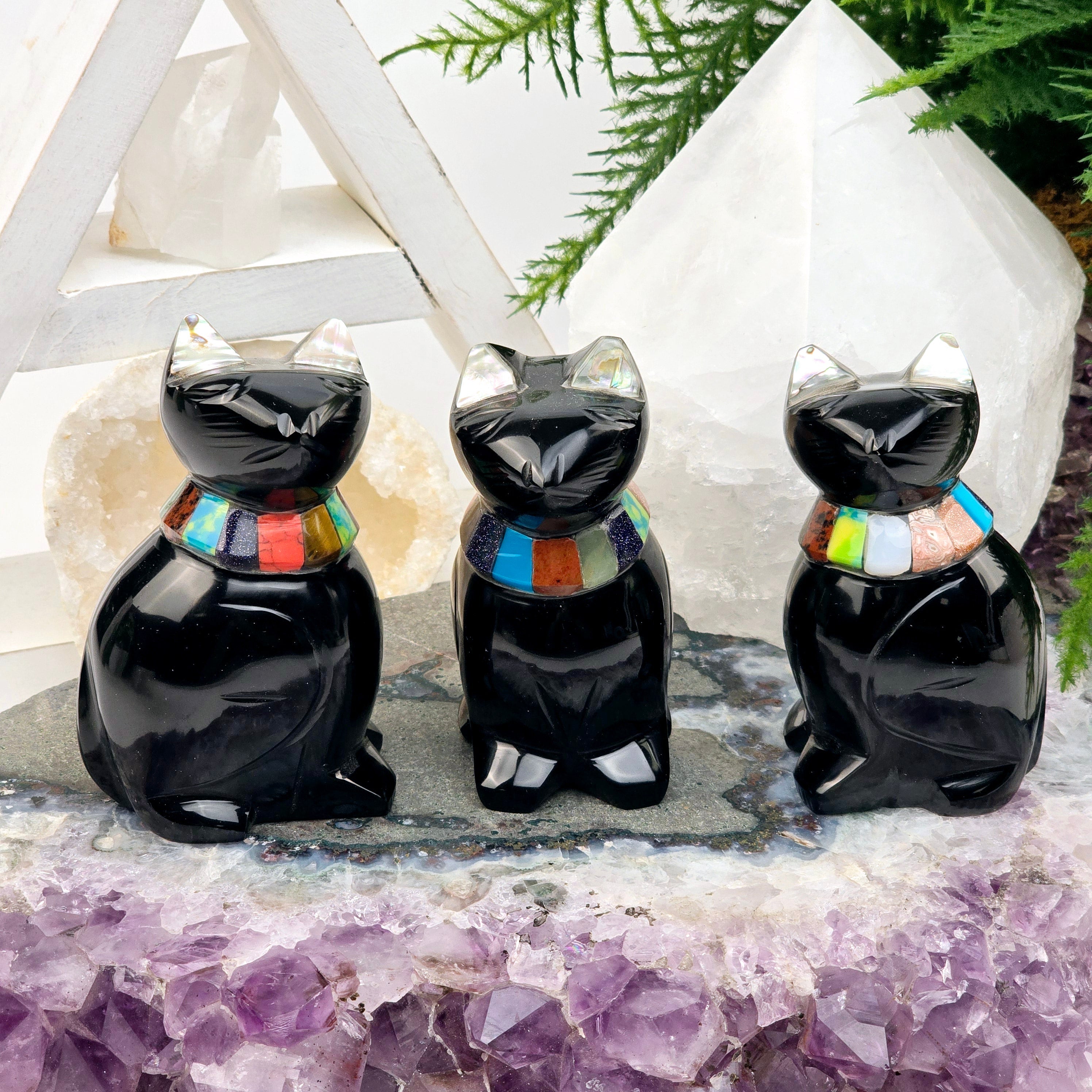 Black Onyx Crystal Cat with Shell and Gemstone Inlays - You Choose