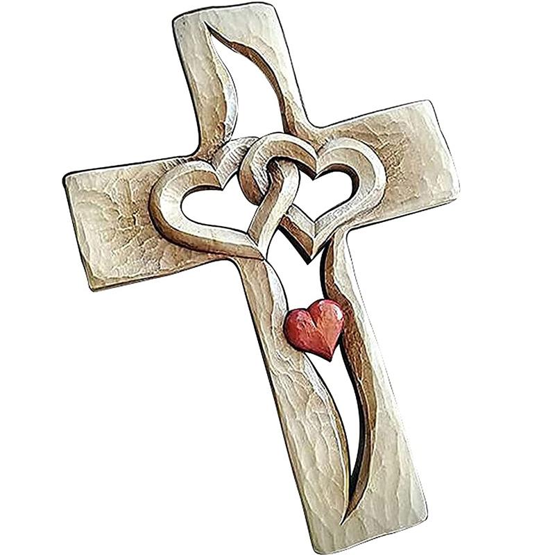 Carved Wooden Cross - Intertwined Hearts