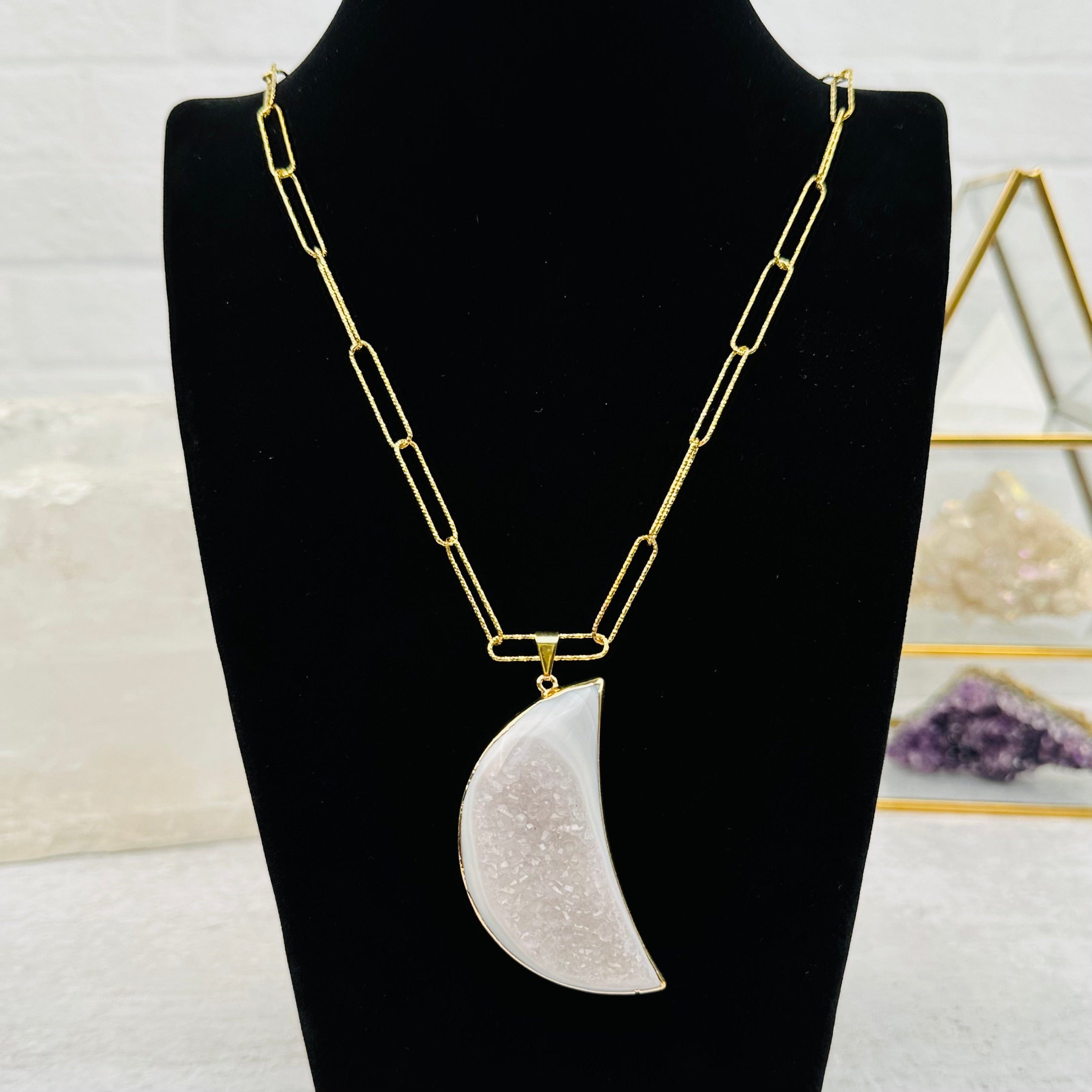 Amethyst Crystal Druzy Moon Necklace - You Select Style -