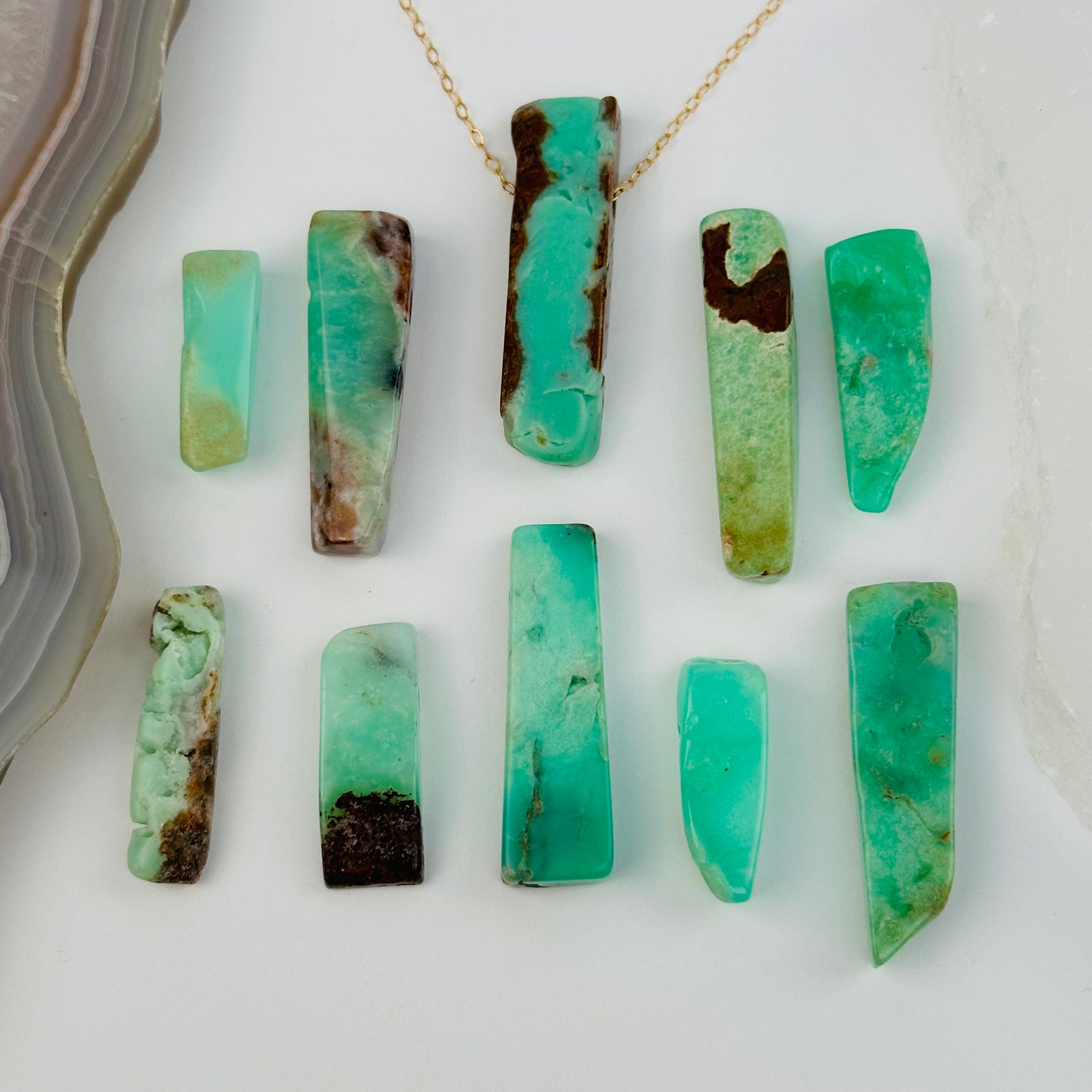 10pc Chrysoprase Semi-Polished Long Beads - Top Side Drilled