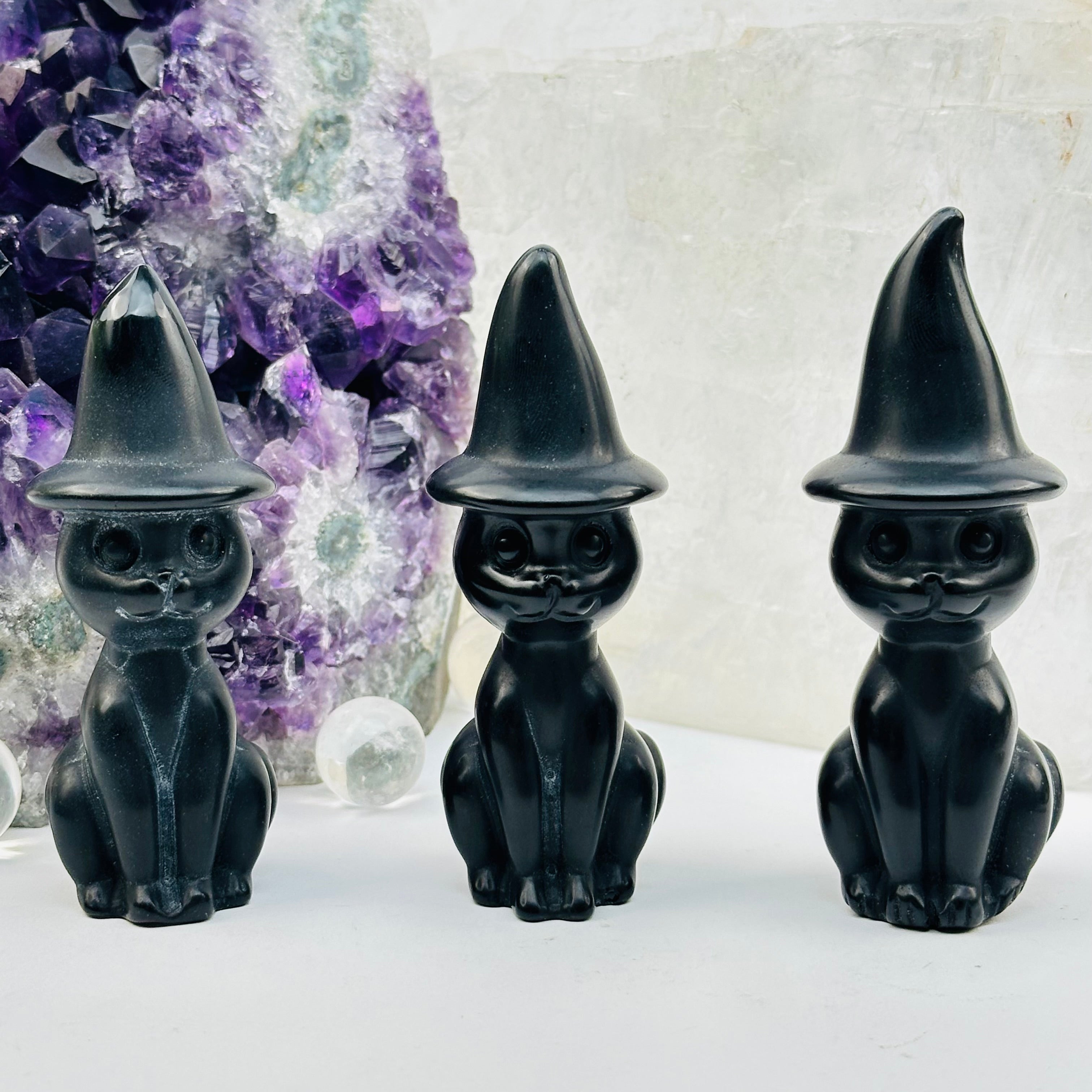 Black Onyx Crystal Cat with Hat - Halloween Decor -