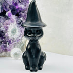 Black Onyx Crystal Cat with Hat - Halloween Decor -