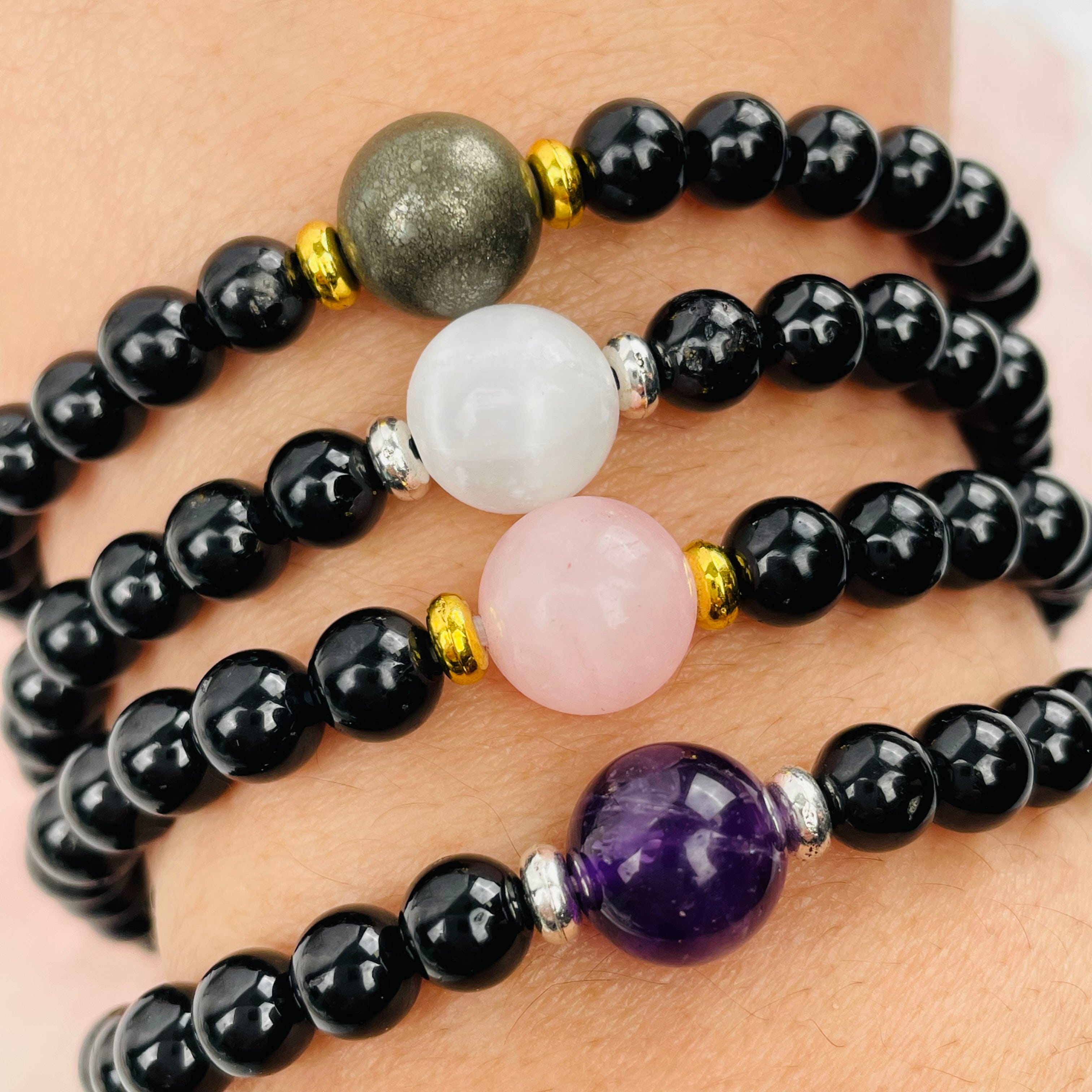 Black Tourmaline with Gemstone Bead Bracelets - Gold or Silver Accent