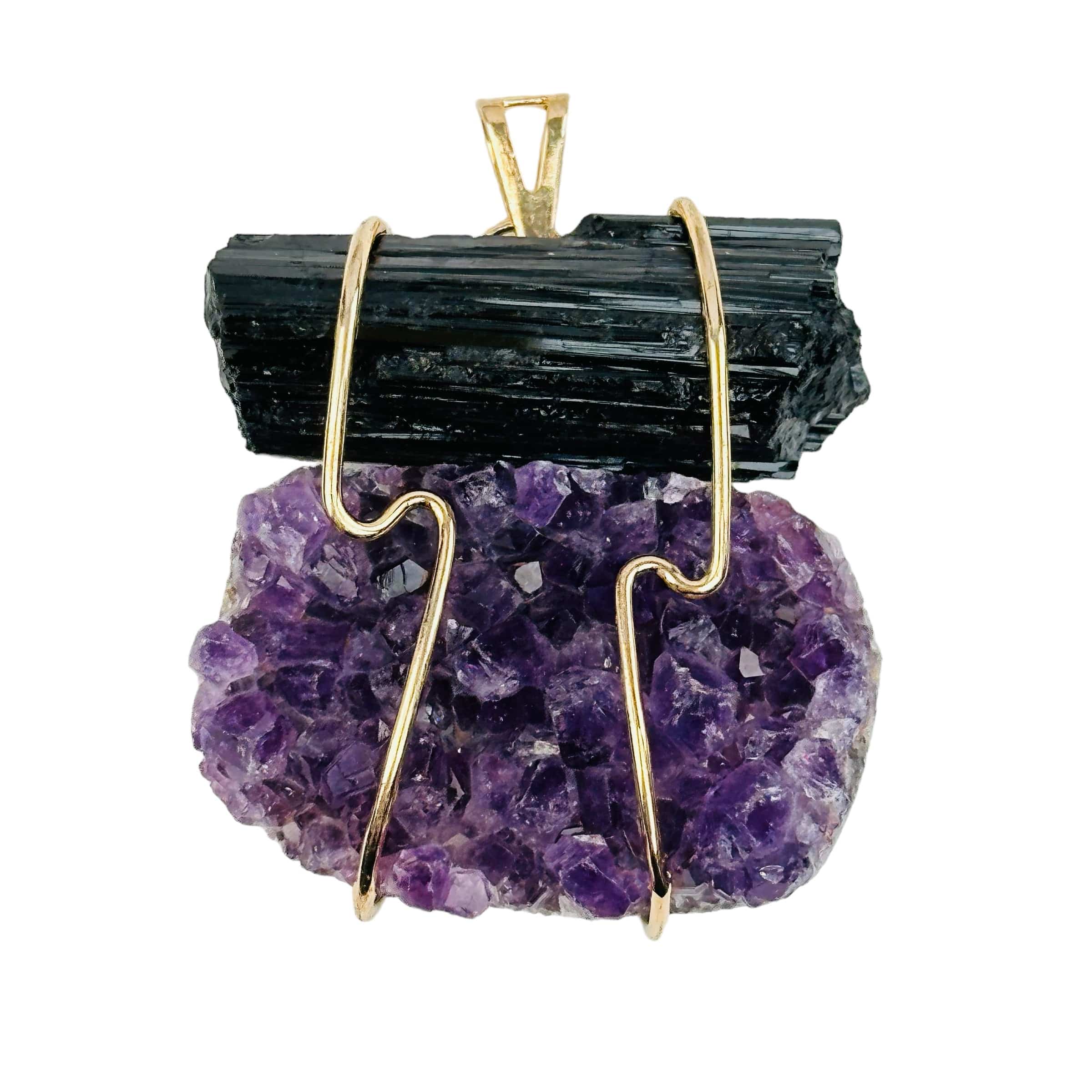 Amethyst and Black Tourmaline Wire Wrapped Crystal Pendant